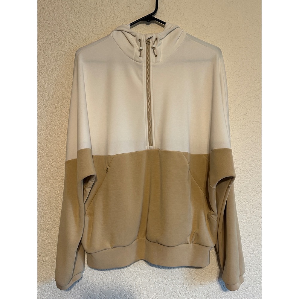 Prana Womens Colorblock Half Zip Hoodie Batwing Tan White Anorak Pullover M